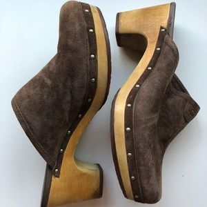 brown suede UGG clogs